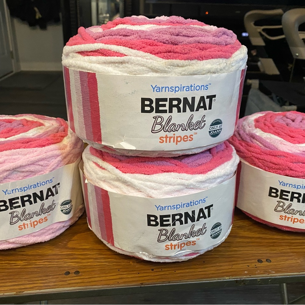 Lot of 4 Bernat Blanket Stripes Yarn in Pink and White